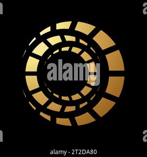 Goldenes abstraktes Gear-Symbol mit verschachtelten Halbmondformen auf schwarzem Hintergrund Stock Vektor