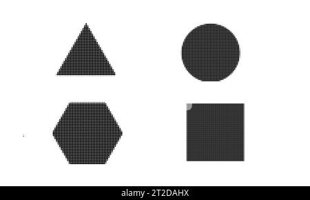 Satz von Halbtonpunkten aus sechseckiger, runder, quadratischer, dreieckiger Form, isoliert auf weißem Hintergrund. Für Pop Art, Idee, Poster, Banner, Dekoration. Vektor Stock Vektor