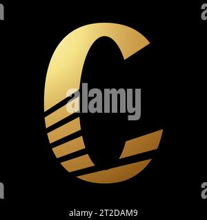 Goldenes Symbol des abstrakten Buchstaben C mit diagonalen Streifen auf schwarzem Hintergrund Stock Vektor