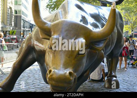 Bronzene Wall Street Bull am Broadway in Lower Manhattan, New York City USA Stockfoto
