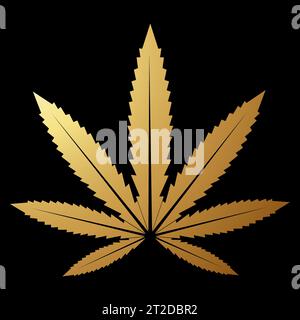 Goldenes abstraktes, vereinfachtes Cannabisblatt-Symbol auf schwarzem Hintergrund Stock Vektor