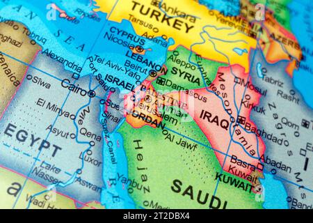 Länder des Nahen Ostens Israel, Palästina, Jordanien, Irak, Ägypten, Saudi-Arabien, Syrien, Libanon, Sinai, Jerusalem, Tel Aviv im Nahfokus. Stockfoto