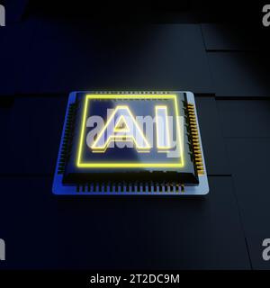 Glühender Chip mit gelbem Neonlichtzeichen 3D-Rendering Stockfoto