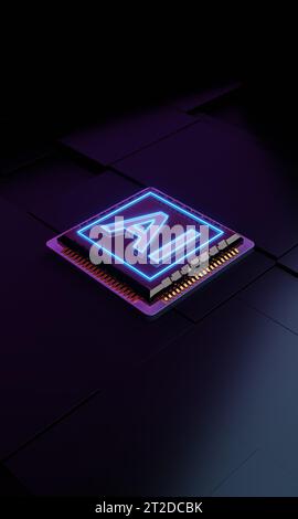 Glühender Chip mit blauem Neonlichtzeichen 3D-Rendering Stockfoto