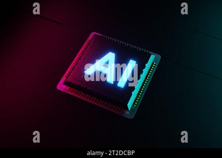 Chip-Prozessor mit Seufzen im Neonlicht-3D-Rendering Stockfoto