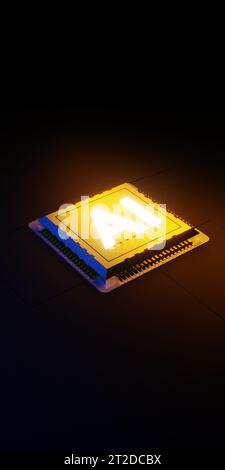 Glühender gelber Chip mit Neonlicht-Kopierraum 3D-Rendering Stockfoto