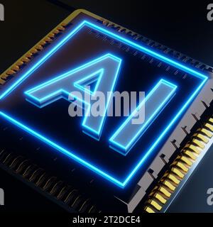 Computerchip mit leuchtendem blauem Neonlicht-Zeichen 3D-Rendering Stockfoto