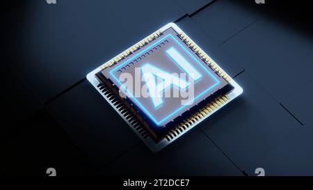 Blaues Neonzeichen auf dem Computer-modernen Chip-3D-Rendering Stockfoto