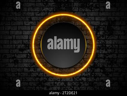 Orangefarbener Neonkreis auf Backsteinmauerhintergrund. Vektor-Retro-Design Stock Vektor