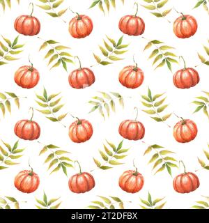 Nahtloses Aquarellmuster mit Kürbissen. Herbstillustration isoliert auf weiß Stockfoto
