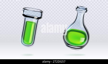 Laborkolben mit grüner flüssiger Substanz, isoliert auf transparentem Hintergrund. Vektor-realistische Illustration der Forschung Labor Glasröhren mit giftiger Flüssigkeit, Zaubertrank, medizinisches Elixier Stock Vektor