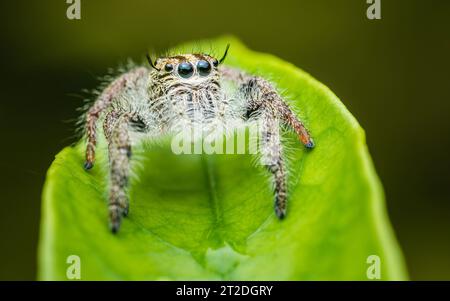 Eine springende Spinne auf grünem Blatt, selektiver Fokus, Makrofotos. Stockfoto