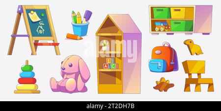 Kindergarten Spielzimmer Inneneinrichtung und Ausrüstung für Kinder Bildung und Freizeit Aktivitäten. Zeichentrickset der Vorschulkinder - Tafel und Spielzeug, Rack und Stuhl, Schreibwaren und Rucksack. Stock Vektor