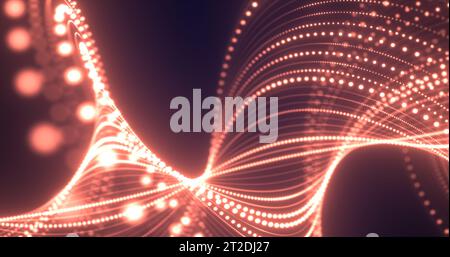 Abstrakte orange Wellen aus Linien und Punkten von Partikeln glühender, futuristischer Hightech-Technik mit Unschärfeeffekt auf dunklem Hintergrund. Abstrakter Backgr Stockfoto