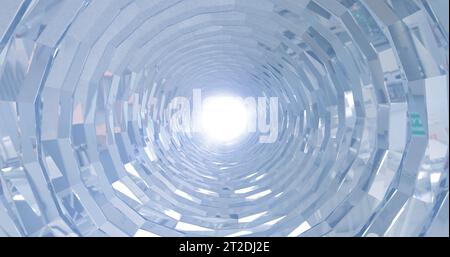 Ein rotierender, silberfarbener, verchromter Tunnel mit Wänden aus Rippen und Linien in Form eines Kreises mit Reflexionen von Lichtstrahlen. Abstrakter Hintergrund Stockfoto