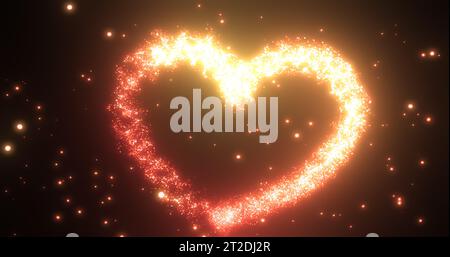 Das orange goldene Herz strahlt glänzend für den valentinstag aus magischen Energielinien und Partikeln auf schwarzem Hintergrund. Abstrakter Hintergrund. Stockfoto
