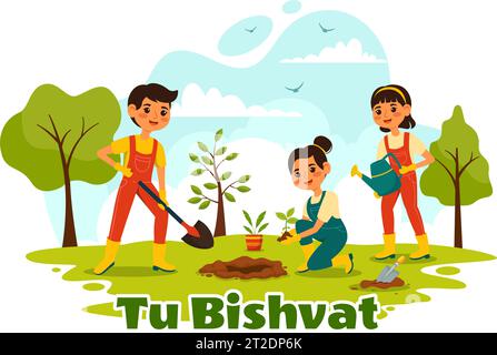Happy Tu Bishvat Vektor Illustration. Übersetzung das jüdische Neujahr für Bäume. Kinder pflanzten einen Baum im Garten in flachem Cartoon Hintergrund Design Stock Vektor
