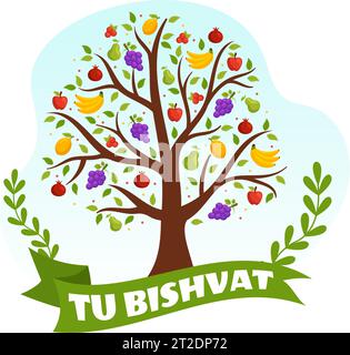 Happy Tu Bishvat Vektor Illustration. Übersetzung das jüdische Neujahr für Bäume. Kinder pflanzten einen Baum im Garten in flachem Cartoon Hintergrund Design Stock Vektor