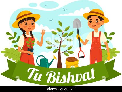 Happy Tu Bishvat Vektor Illustration. Übersetzung das jüdische Neujahr für Bäume. Kinder pflanzten einen Baum im Garten in flachem Cartoon Hintergrund Design Stock Vektor