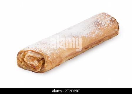 Blätterteig backen. Süßes Gebäck mit Apfel, Puderzuckermarmelade auf weißem Hintergrund. Selektiver Fokus. Stockfoto