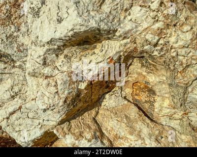 Felsformation auf dem Meer. Ein Stein aus Sand, ein großer Felsbrocken liegt am Strand. Textur, natürlicher Hintergrund. Stein mit Rissen und Beschädigungen, gewaschen Stockfoto