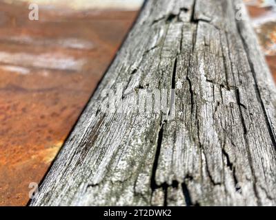 Oberflächenbeschaffenheit von naturgrauem Holz in Form eines Brettes und rostiges altes oxidiertes Metalleiseneisenkorrosionsprofil aus der Nahaufnahme. Der Hintergrund. Stockfoto