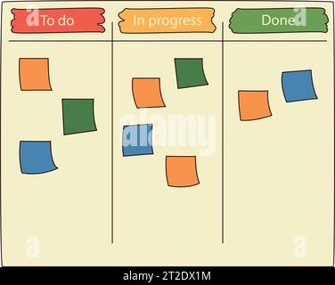 Agiles Scrum-Task-Kanban-Board mit Haftnotizen für Teamarbeit und visuelle Verwaltung Stock Vektor