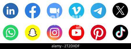 TikTok, Instagram, Youtube, Pinterest, LinkedIn, Facebook, Zoom, Vimeo, Telegram, X - ehemaliges Twitter, WhatsApp und Snapchat Social Media App Symbol Set Kreisform Vektor Illustration Stock Vektor