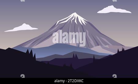 Berg mit Schnee auf dem Gipfel im Taiga-Wald, minimalistische Landschaft Stock Illustration. Stockfoto