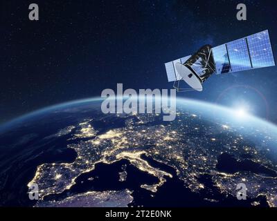 Telekommunikationssatelliten, die ein globales Internetnetz und Hochgeschwindigkeitsdatenkommunikation über Europa bereitstellen. Satellit im Weltraum, niedrige Erdumlaufbahn. Wor Stockfoto