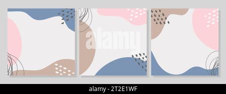 Vorlagen-Poster im Boho-Stil, pastellrosa blaue Farben, abstrakte Formen mit Kreisen und Punkten. Der Platz ist leer für das Einfügen. Vektorabbildung Stock Vektor