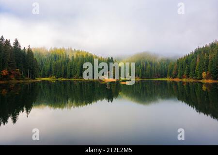 Nebeliger Morgen am See in den Bergen. Wunderschöne Herbstlandschaft mit bewölktem Himmel. Die Natur spiegelt sich im Wasser. Synevyr-Nationalpark, u Stockfoto