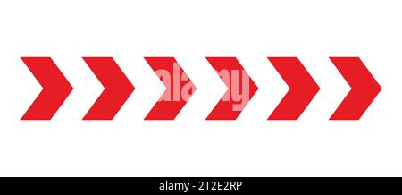 Rotes Chevron-Symbol mit Pfeil. Warnung: Gestreifter Pfeil. Sicherheitstyp. Isoliert auf weißem Hintergrund. Vektorabbildung Stock Vektor