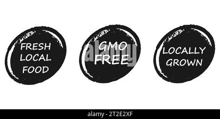 Ein Satz von schwarz-weißen Bio-Stickern, Etiketten, Abzeichen und Logos. FRISCHE LOKALE ERZEUGNISSE, NICHT GENTECHNISCH VERÄNDERTE ERZEUGNISSE, DIE AUS DER REGION STAMMEN. Logo-Vorlage für Bio- und Öko-PR Stock Vektor