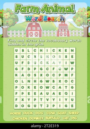 Eine lustige und lehrreiche Spielvorlage mit dem Thema „Nutztiere“ Stock Vektor