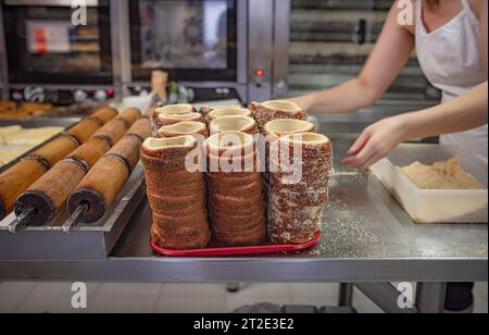 Das Mädchen rollt den Teig für ungarische Brötchen aus Stockfoto