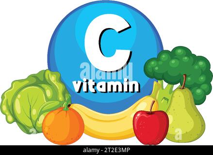 Illustriertes Banner mit einer Vielzahl von Vitamin C-reichen Lebensmitteln Stock Vektor