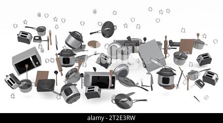 Elektrische Küchengeräte und Utensilien für die Herstellung von Gebäck auf weißem Hintergrund Stockfoto