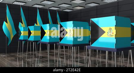 Bahamas - Wahllokal und Wahlkabinen mit Wappen - Wahlkonzept - 3D-Illustration Stockfoto