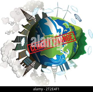 Eine Vektor-Cartoon-Illustration, die eine unberührte grüne Erde auf einer Seite zeigt, im Kontrast zu einer verschmutzten Seite, die mit Rauch und Luftverschmutzung gefüllt ist Stock Vektor