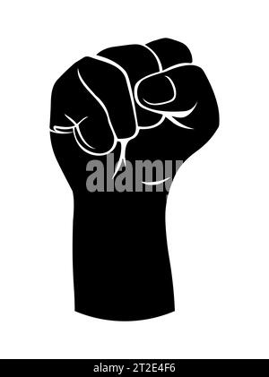 Schwarze Silhouette einer männlichen aufsteigenden Faust auf weißem Hintergrund mit weißen Linien, die Finger und Daumen definieren. Revolution Protest Raise Fist Symbol. Web-Ic Stock Vektor