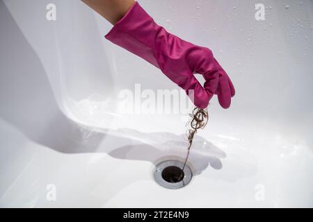 Die Hand zieht Haare aus dem Abfluss im Badezimmer. Handfläche aus violettem Latexhandschuh zum Entfernen von Haarschocks vom Siphon Stockfoto