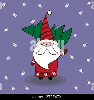 Der Süße Gnomes Santa Claus. Wintercharakter-Zwerg mit weihnachtsbaum. Vektor-Illustration Stock Vektor