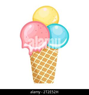 Buntes leckeres, isoliertes Eis vor türkisfarbenem Hintergrund. Knuspriger Waffelkegel gefüllt mit zwei Messlöffeln Zitronen- und Erdbeereis. Abbildung Stock Vektor