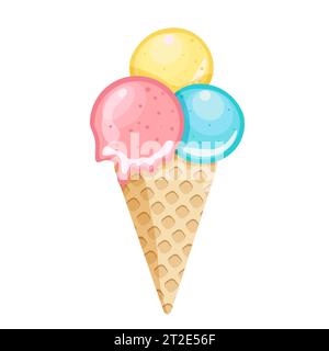 Buntes leckeres, isoliertes Eis vor türkisfarbenem Hintergrund. Knuspriger Waffelkegel gefüllt mit zwei Messlöffeln Zitronen- und Erdbeereis. Abbildung Stock Vektor
