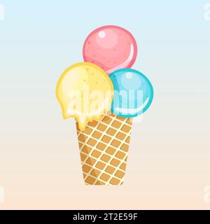 Buntes leckeres, isoliertes Eis vor türkisfarbenem Hintergrund. Knuspriger Waffelkegel gefüllt mit zwei Messlöffeln Zitronen- und Erdbeereis. Abbildung Stock Vektor