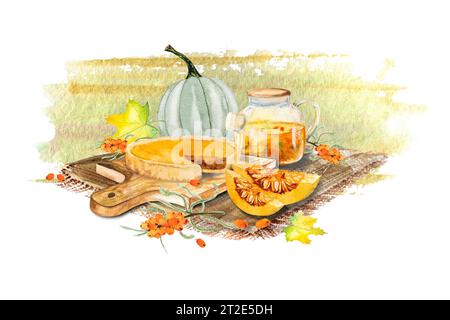 Aquarellillustration von Kürbiskuchen mit Kürbis und einer Teekanne Sanddorntee. Handgezeichneter Kuchen, Sanddorn, Teekanne mit Tee, Küchenbrett A Stockfoto