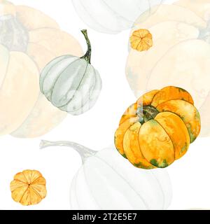 Nahtloses Muster von Aquarellillustrationen von Herbstkürbissen, ideal für Herbst, Thanksgiving, Feiertage, Stoff, Textilien. Stockfoto
