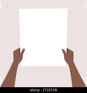 Flache Illustration afrikanischer Hände, die ein Blatt Papier mit Platz für Text halten. Hinweis zur Modellerstellung. Lesen Sie den Brief. Vektorvorlage für Artikel, Broschüren A Stock Vektor