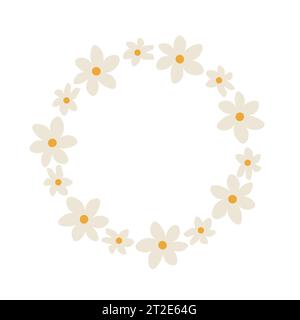 Blumenkranz mit niedlichen winzigen Gänseblümchen isoliert auf weißem Hintergrund. Runder Rahmen mit Blumen. Handgezeichnete Vektorgrafik. Perfekt für Karten, invita Stock Vektor